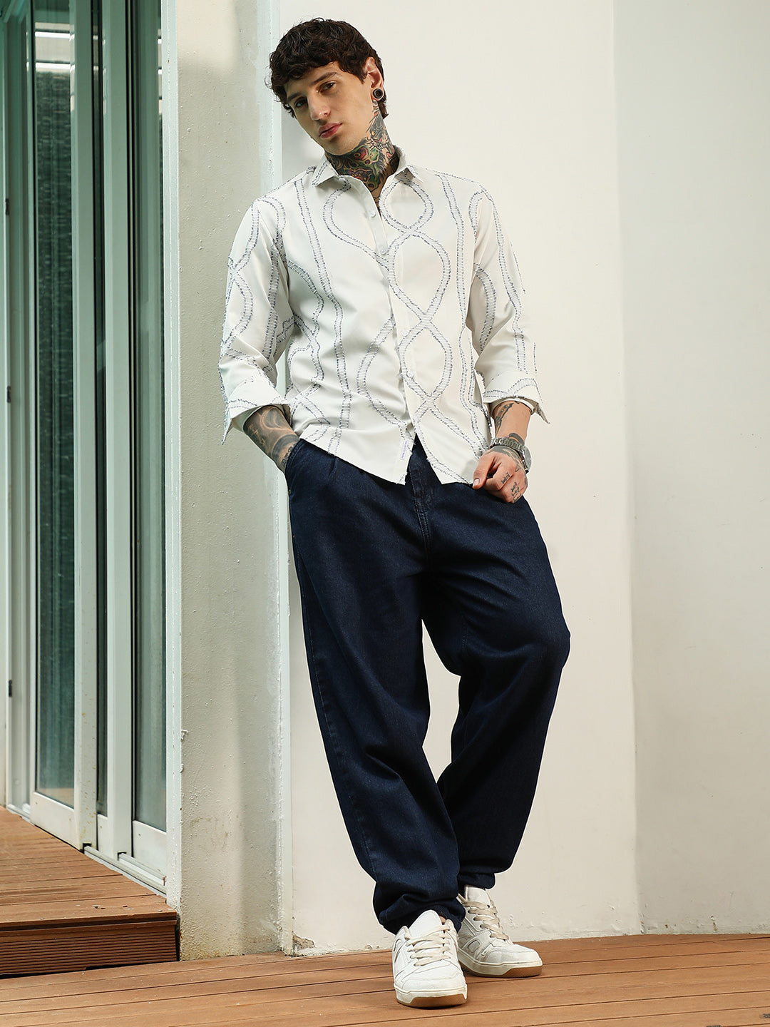 Men White Stitched Pattern Shirt