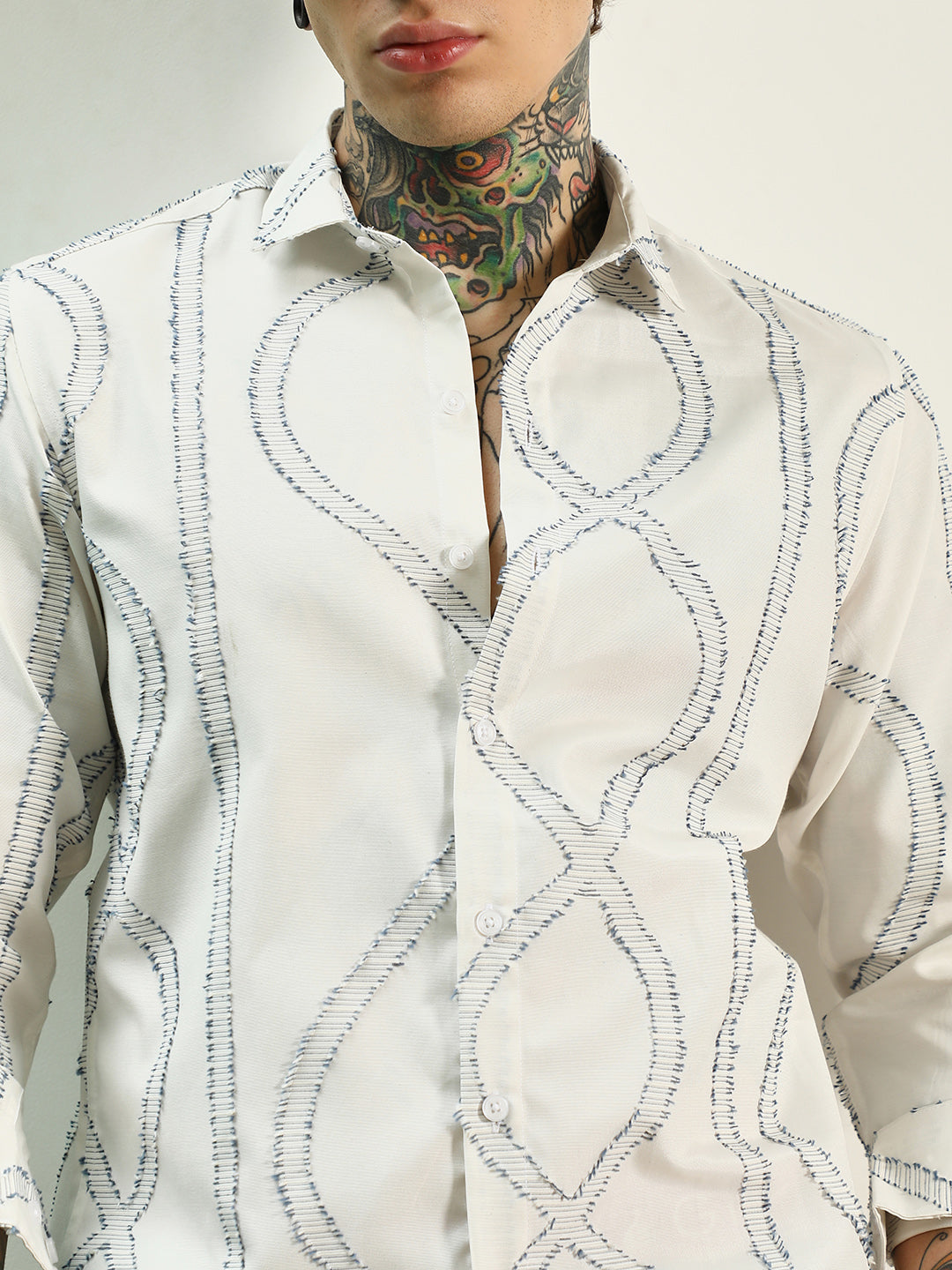 Men White Stitched Pattern Shirt