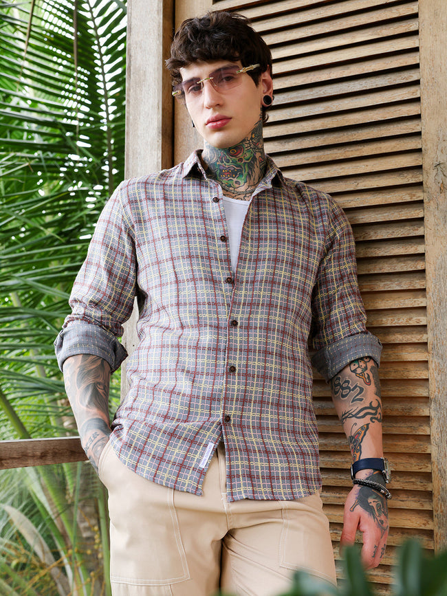 Men Coin Grey:Crimson Red Woven Contrast-Check Shirt