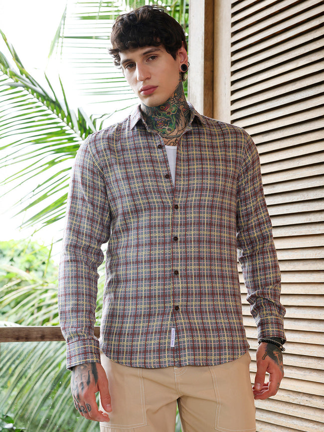 Men Coin Grey:Crimson Red Woven Contrast-Check Shirt