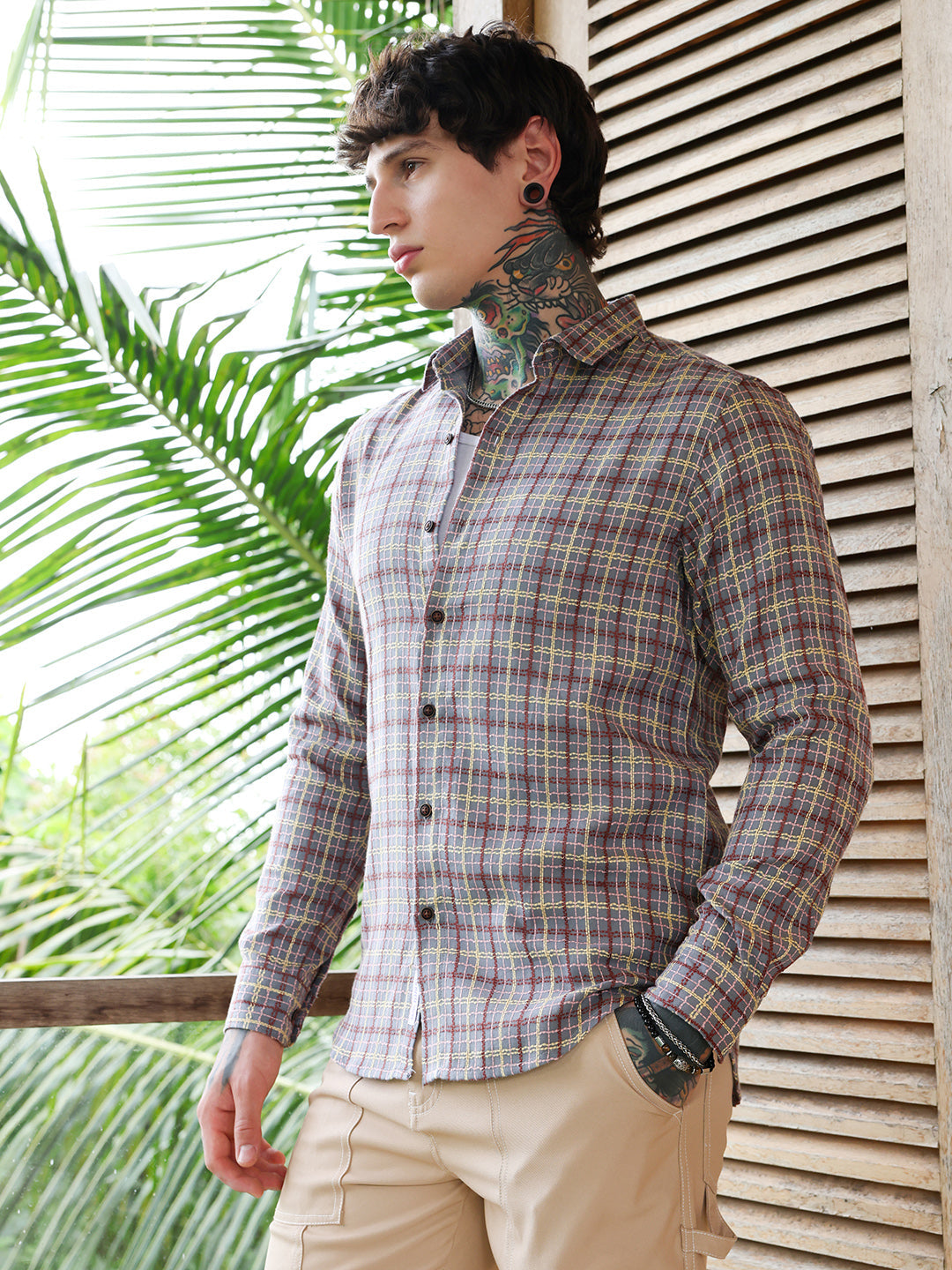 Men Coin Grey:Crimson Red Woven Contrast-Check Shirt