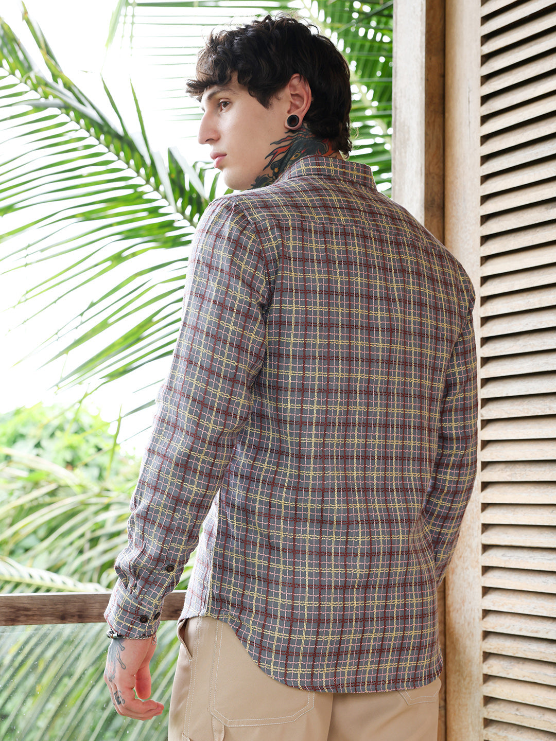 Men Coin Grey:Crimson Red Woven Contrast-Check Shirt