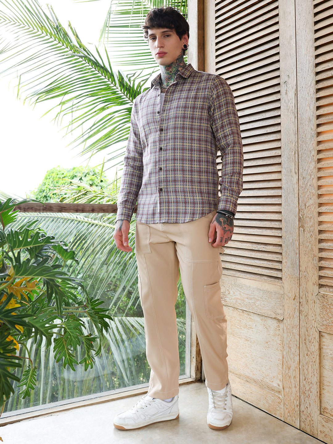 Men Coin Grey:Crimson Red Woven Contrast-Check Shirt