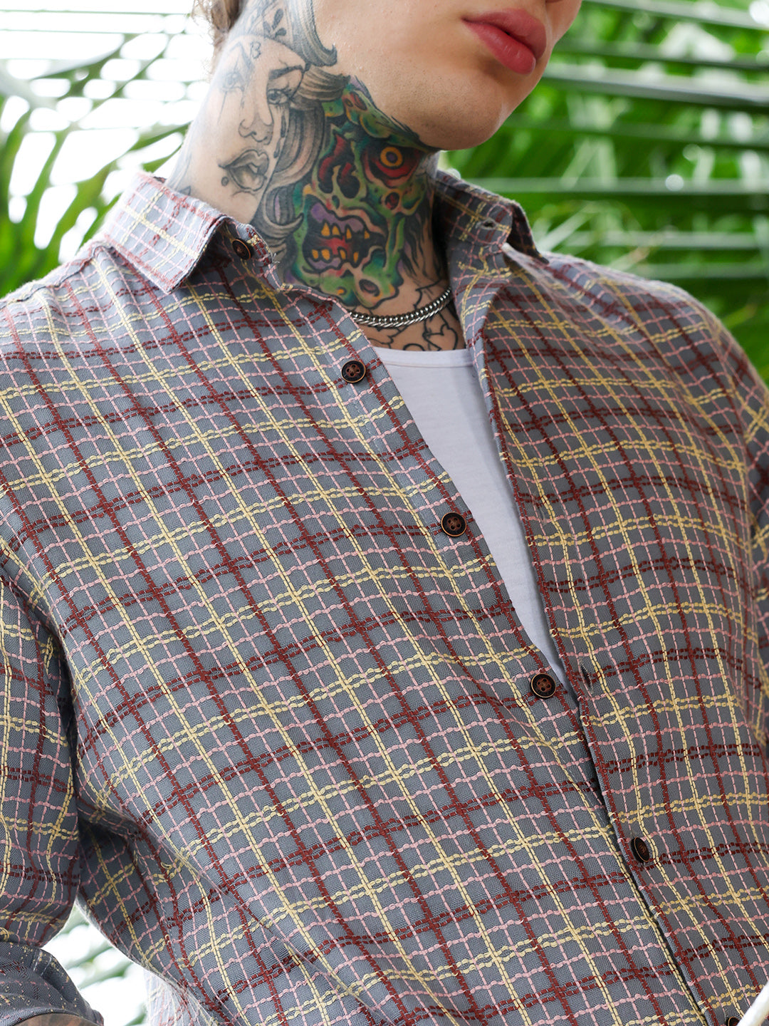 Men Coin Grey:Crimson Red Woven Contrast-Check Shirt
