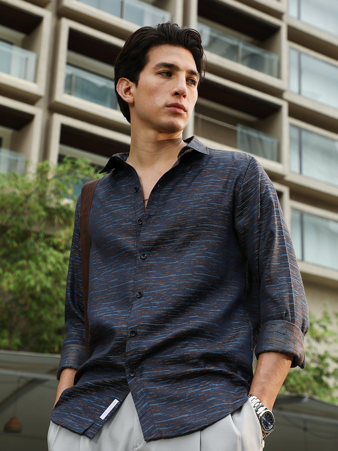 Men Prussian Blue Contrast-Heathered Jacquard Shirt