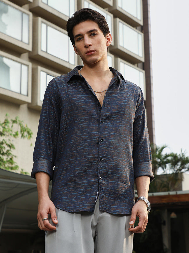 Men Prussian Blue Contrast-Heathered Jacquard Shirt