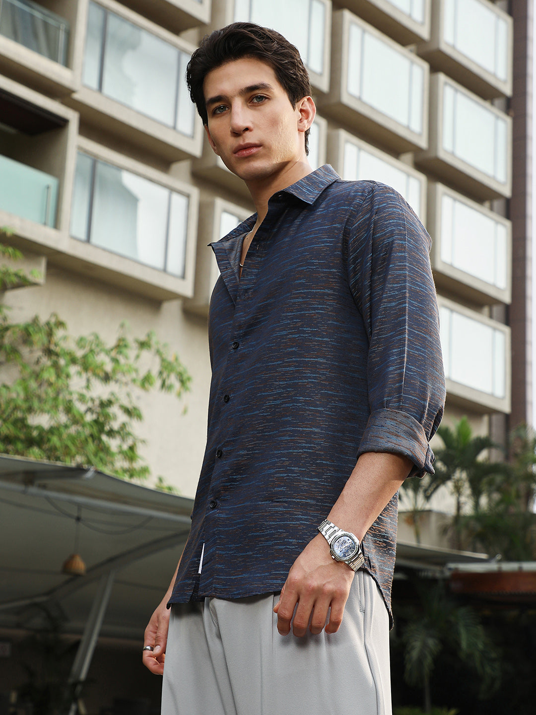 Men Prussian Blue Contrast-Heathered Jacquard Shirt