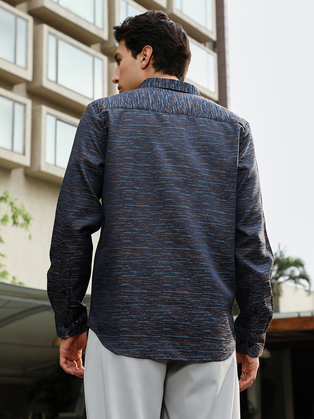 Men Prussian Blue Contrast-Heathered Jacquard Shirt