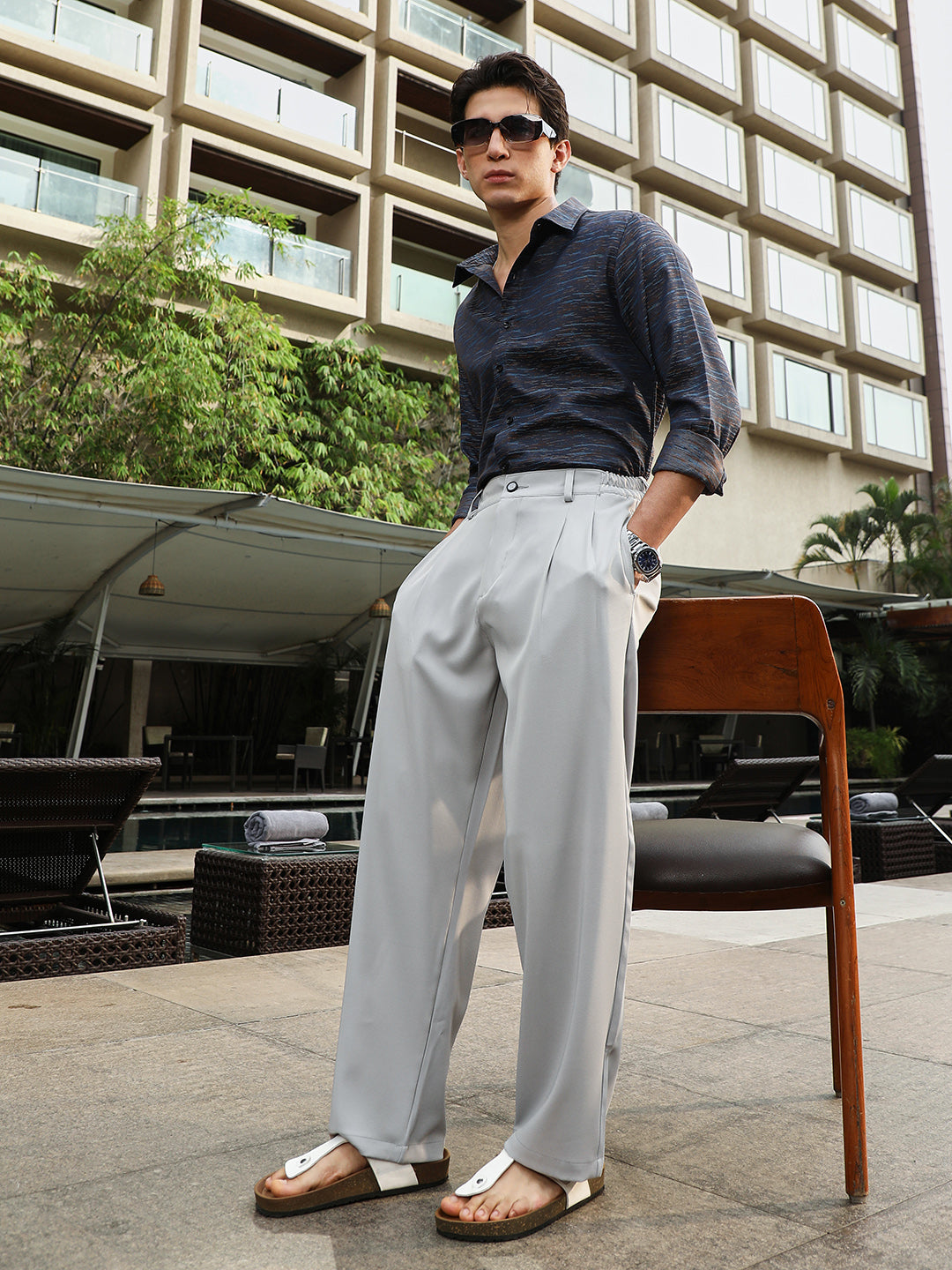 Men Prussian Blue Contrast-Heathered Jacquard Shirt