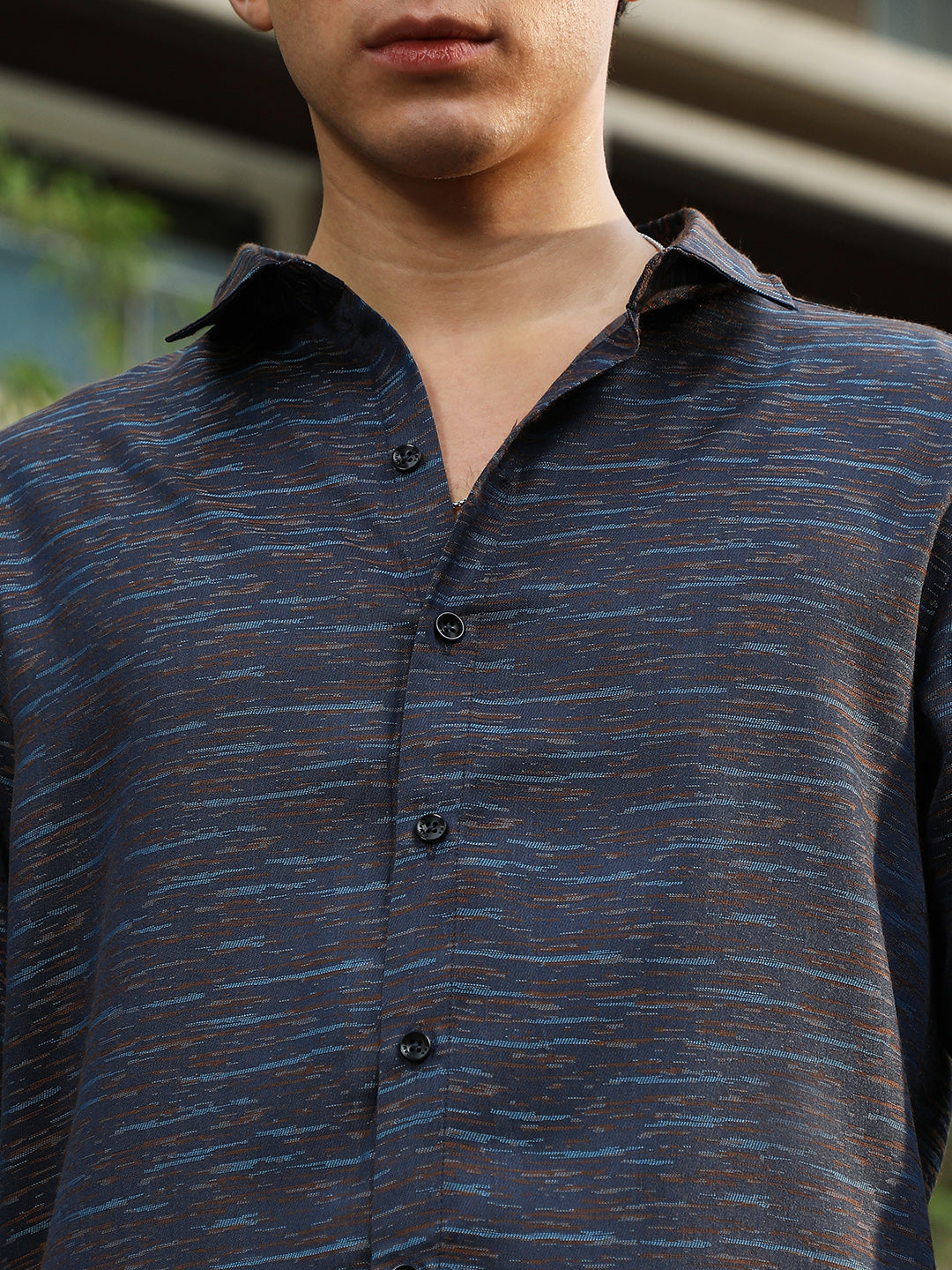 Men Prussian Blue Contrast-Heathered Jacquard Shirt
