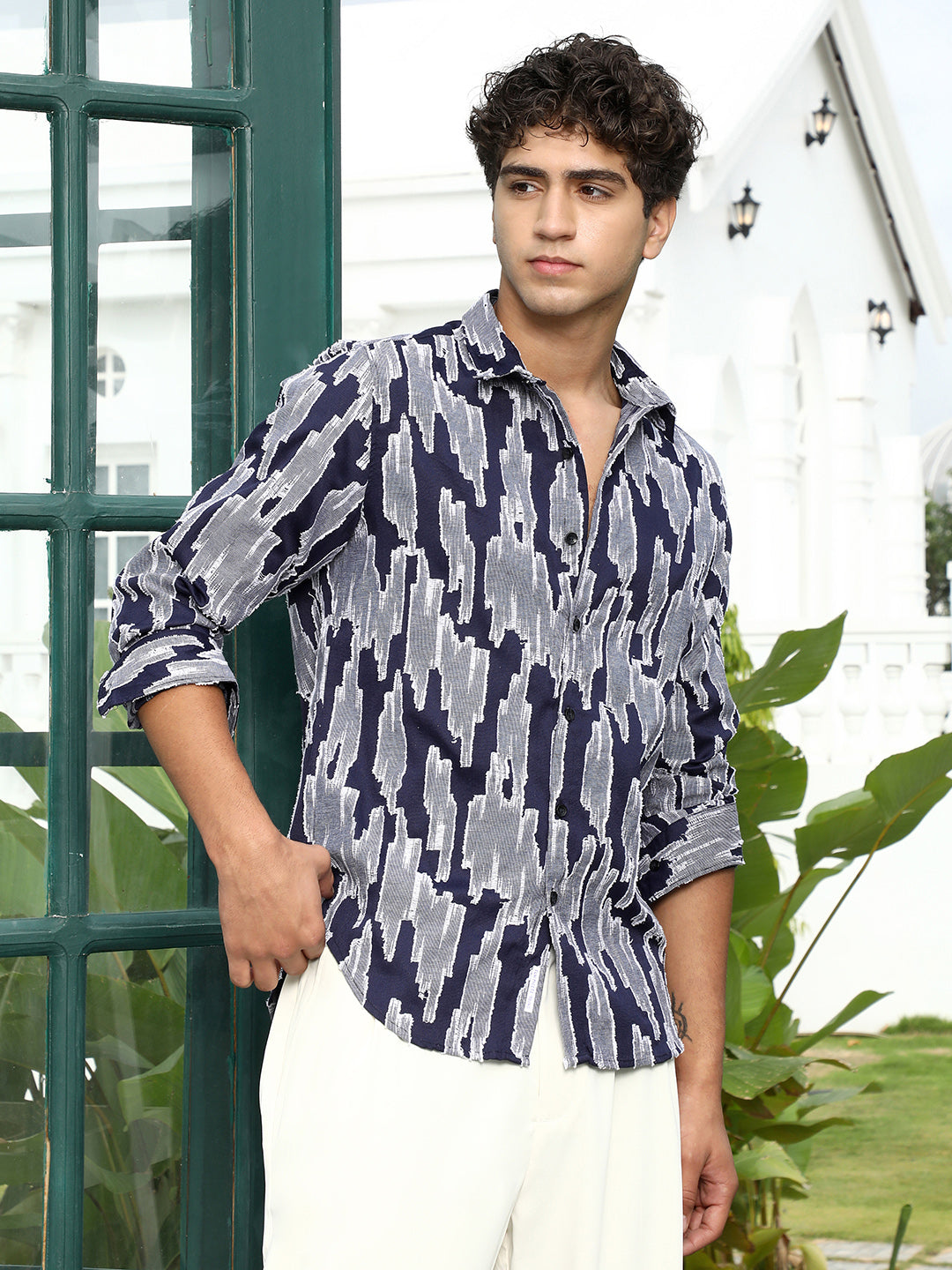 Men Navy Blue Contrast-Abstract Jacquard Shirt