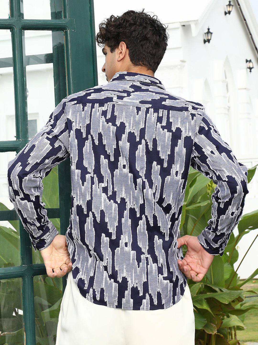 Men Navy Blue Contrast-Abstract Jacquard Shirt