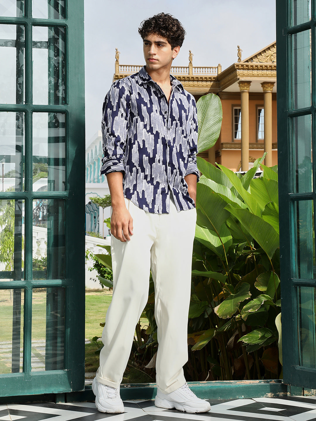 Men Navy Blue Contrast-Abstract Jacquard Shirt