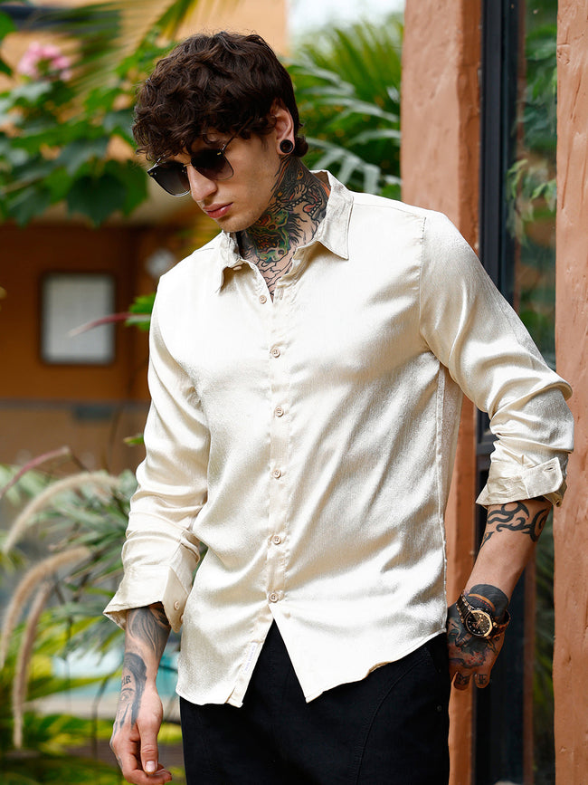 Men Chalk White Crushed-Satin Regular Shirt