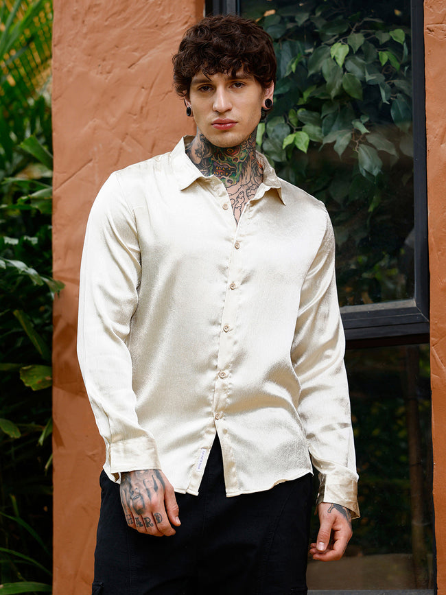 Men Chalk White Crushed-Satin Regular Shirt