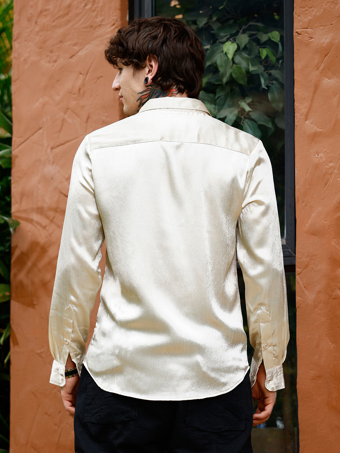 Men Chalk White Crushed-Satin Regular Shirt