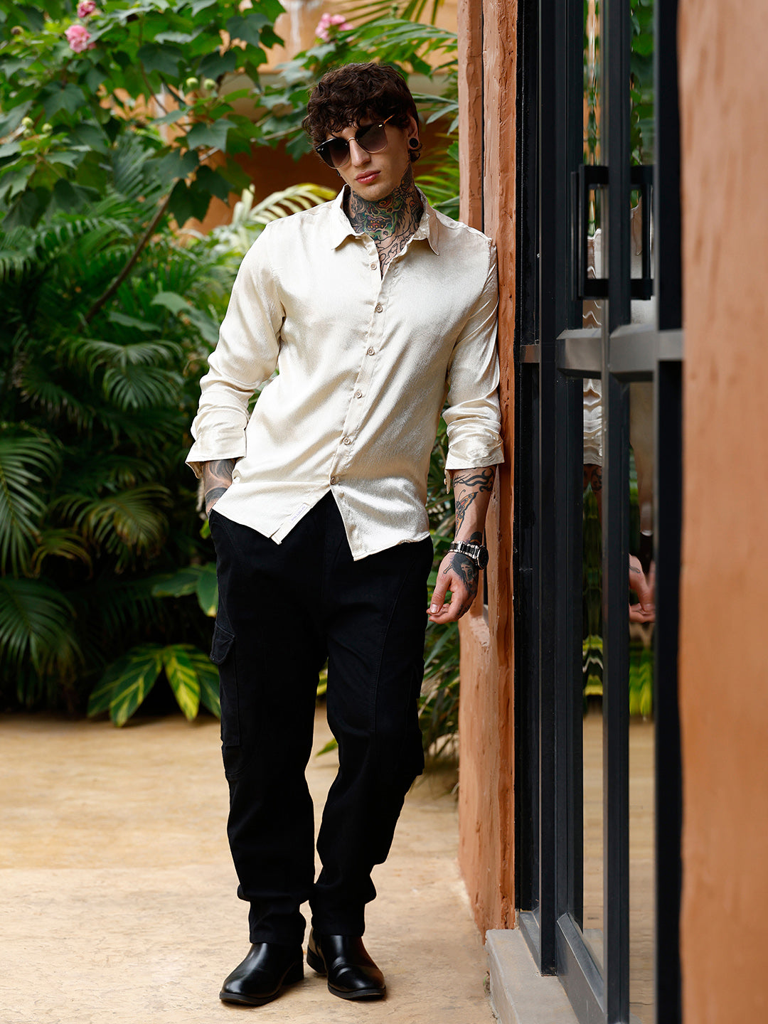 Men Chalk White Crushed-Satin Regular Shirt