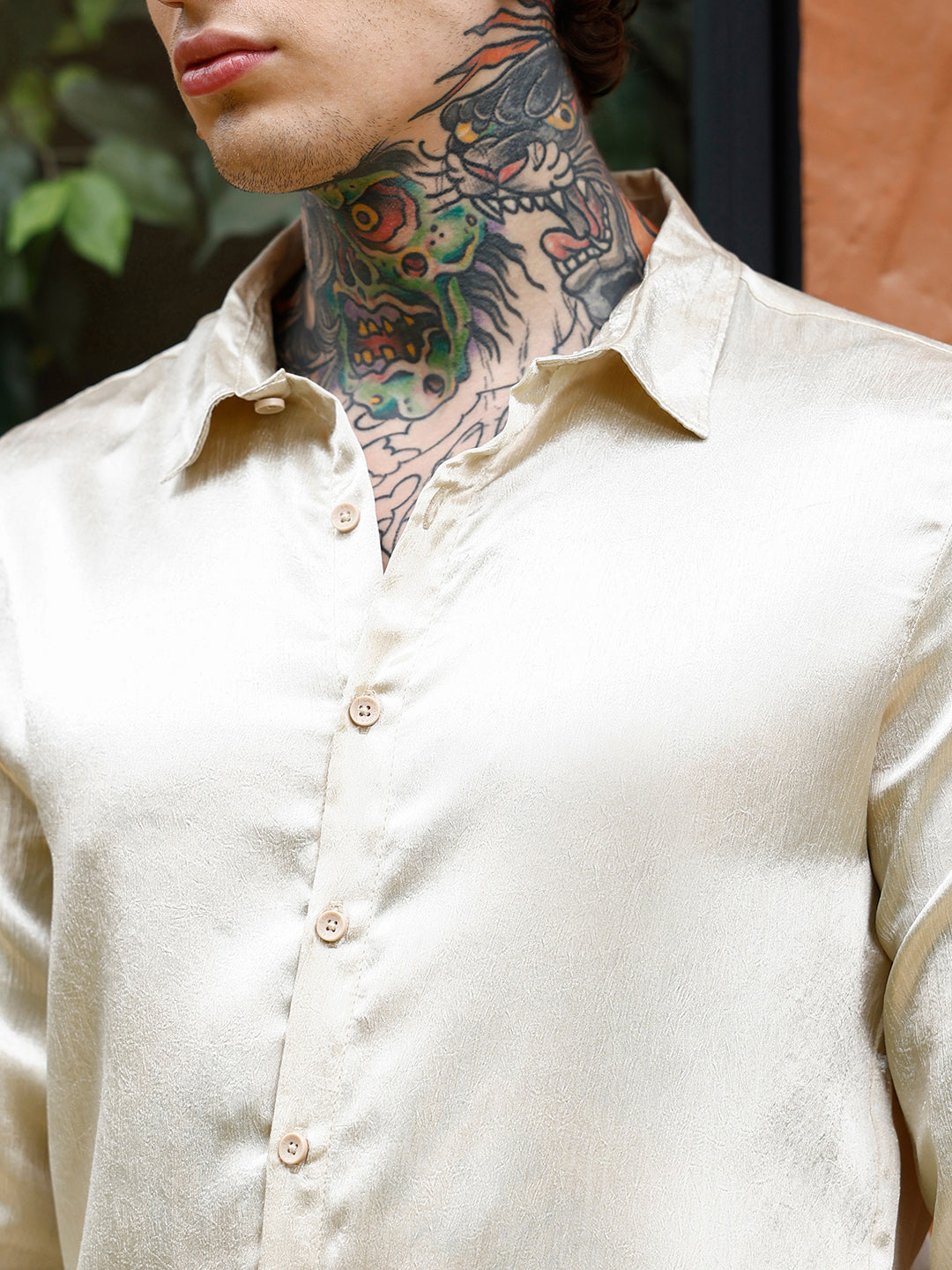 Men Chalk White Crushed-Satin Regular Shirt