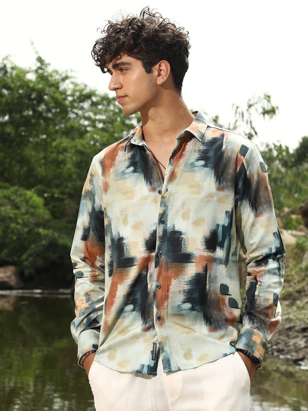 Men Synthetic Regular Abstract Shirt