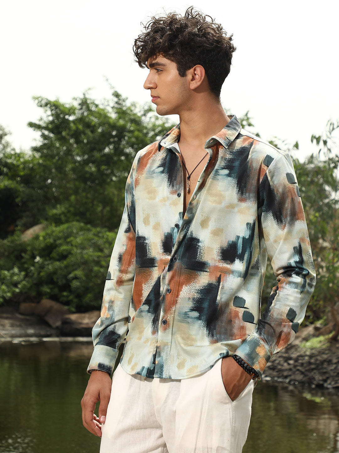 Men Synthetic Regular Abstract Shirt