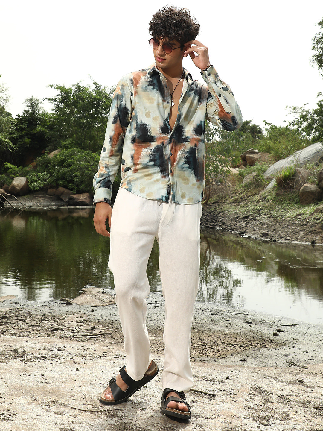 Men Synthetic Regular Abstract Shirt