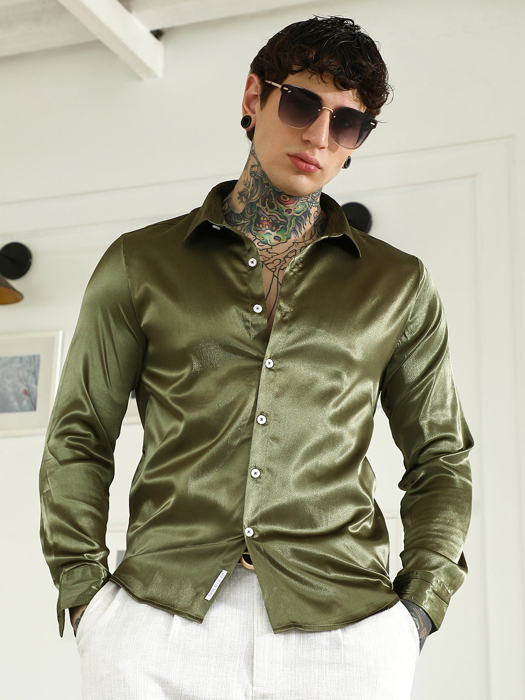Men Olive Green Polyester Slim Fit Shirt