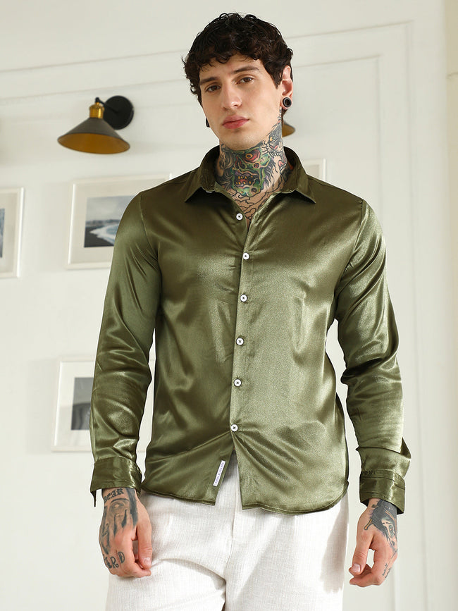 Men Olive Green Polyester Slim Fit Shirt