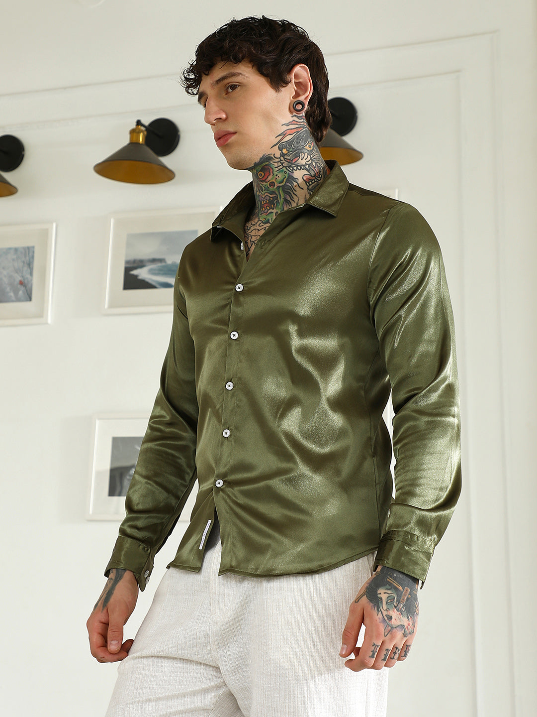 Men Olive Green Polyester Slim Fit Shirt