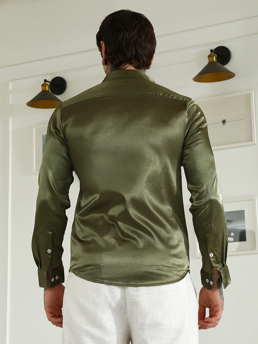 Men Olive Green Polyester Slim Fit Shirt