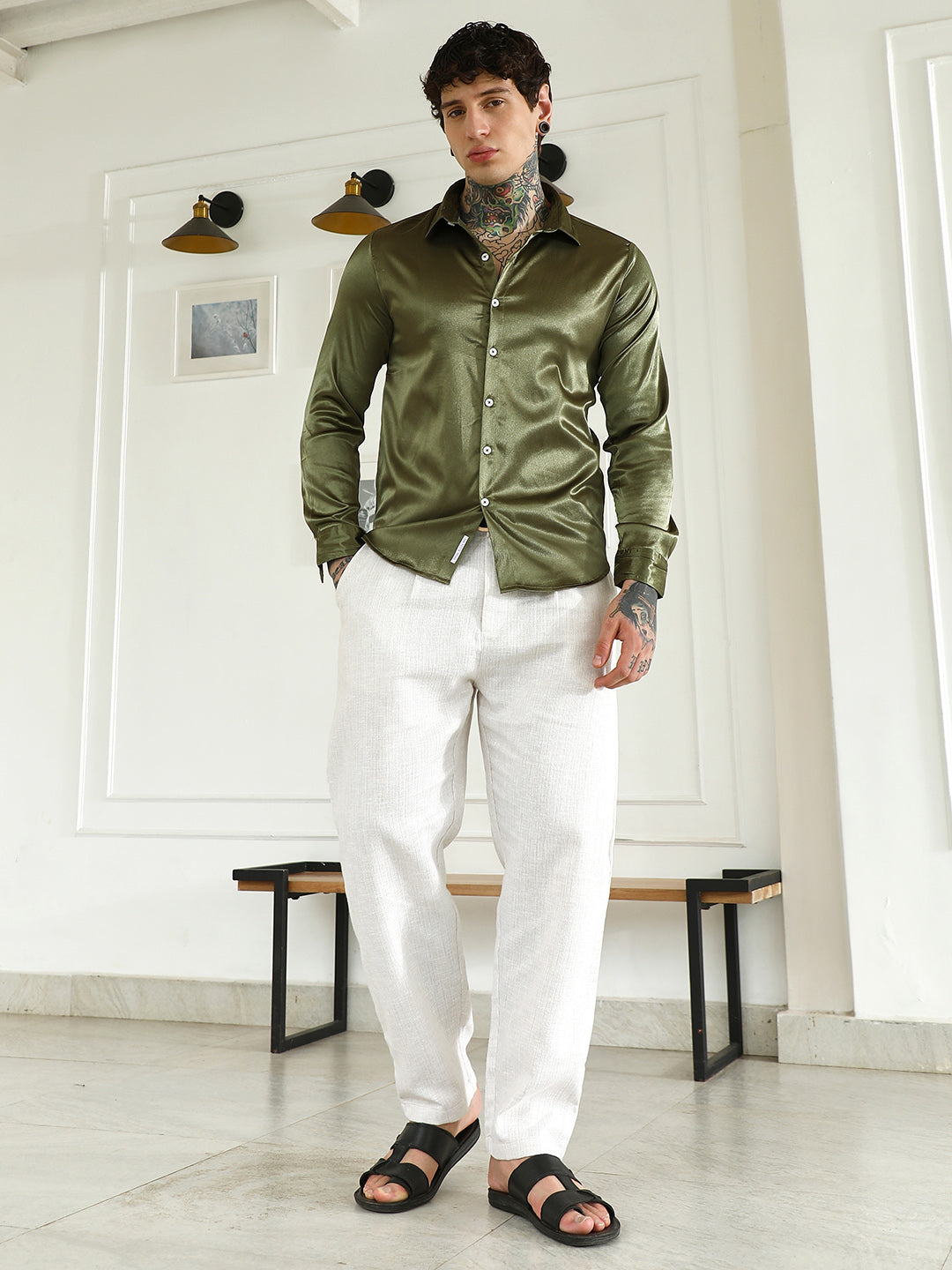 Men Olive Green Polyester Slim Fit Shirt