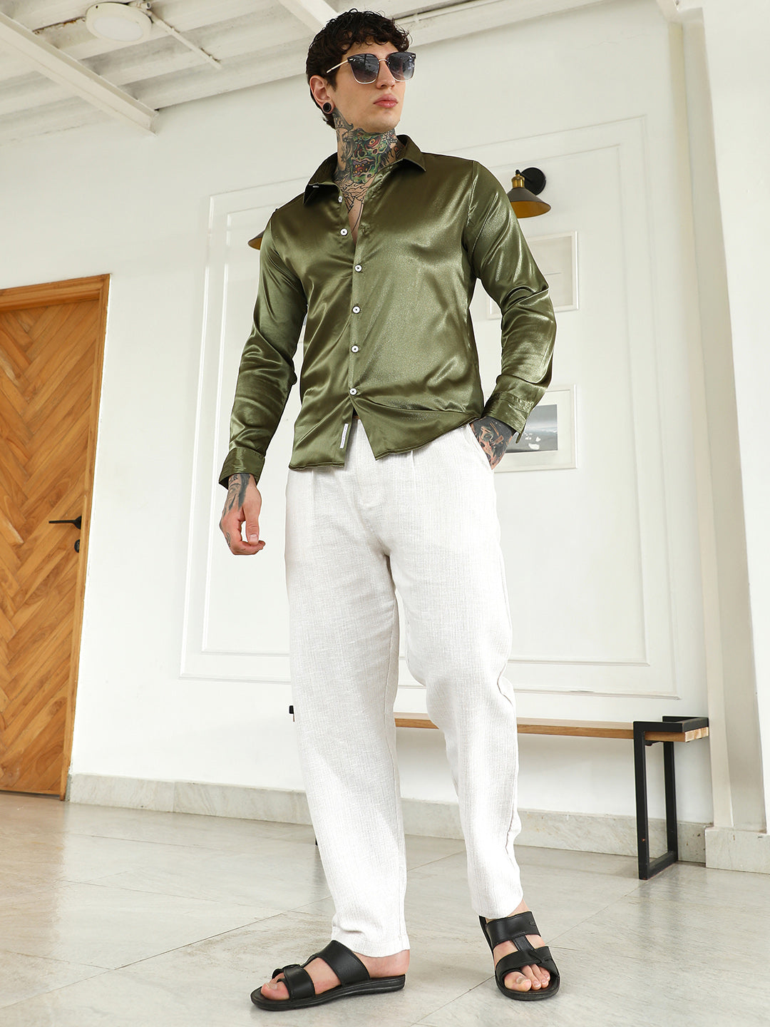 Men Olive Green Polyester Slim Fit Shirt