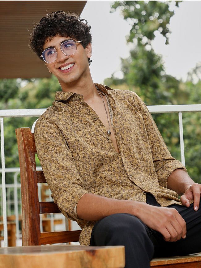 Men Ochre Brown Indie Floral-Motif Imprint Shirt