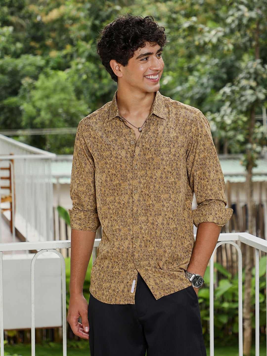 Men Ochre Brown Indie Floral-Motif Imprint Shirt