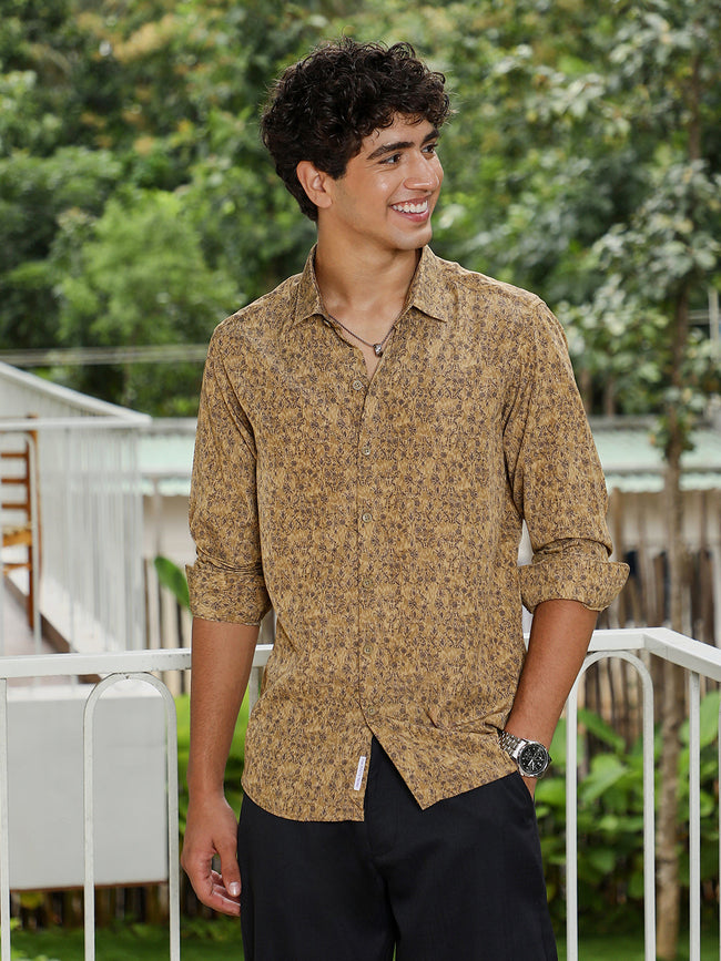 Men Ochre Brown Indie Floral-Motif Imprint Shirt
