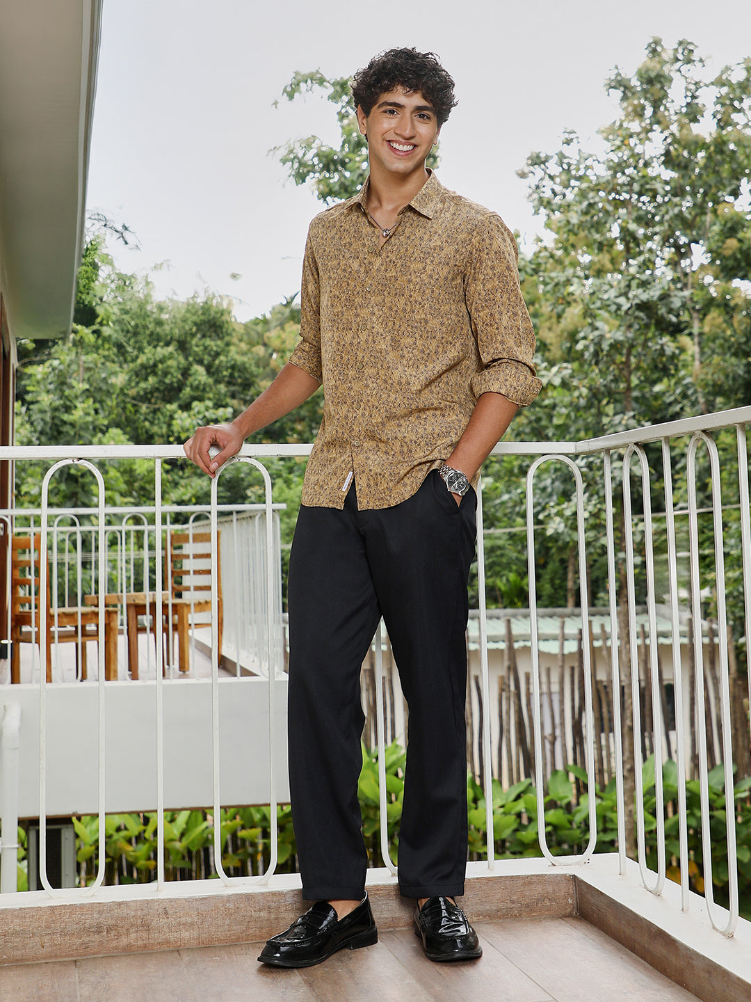 Men Ochre Brown Indie Floral-Motif Imprint Shirt