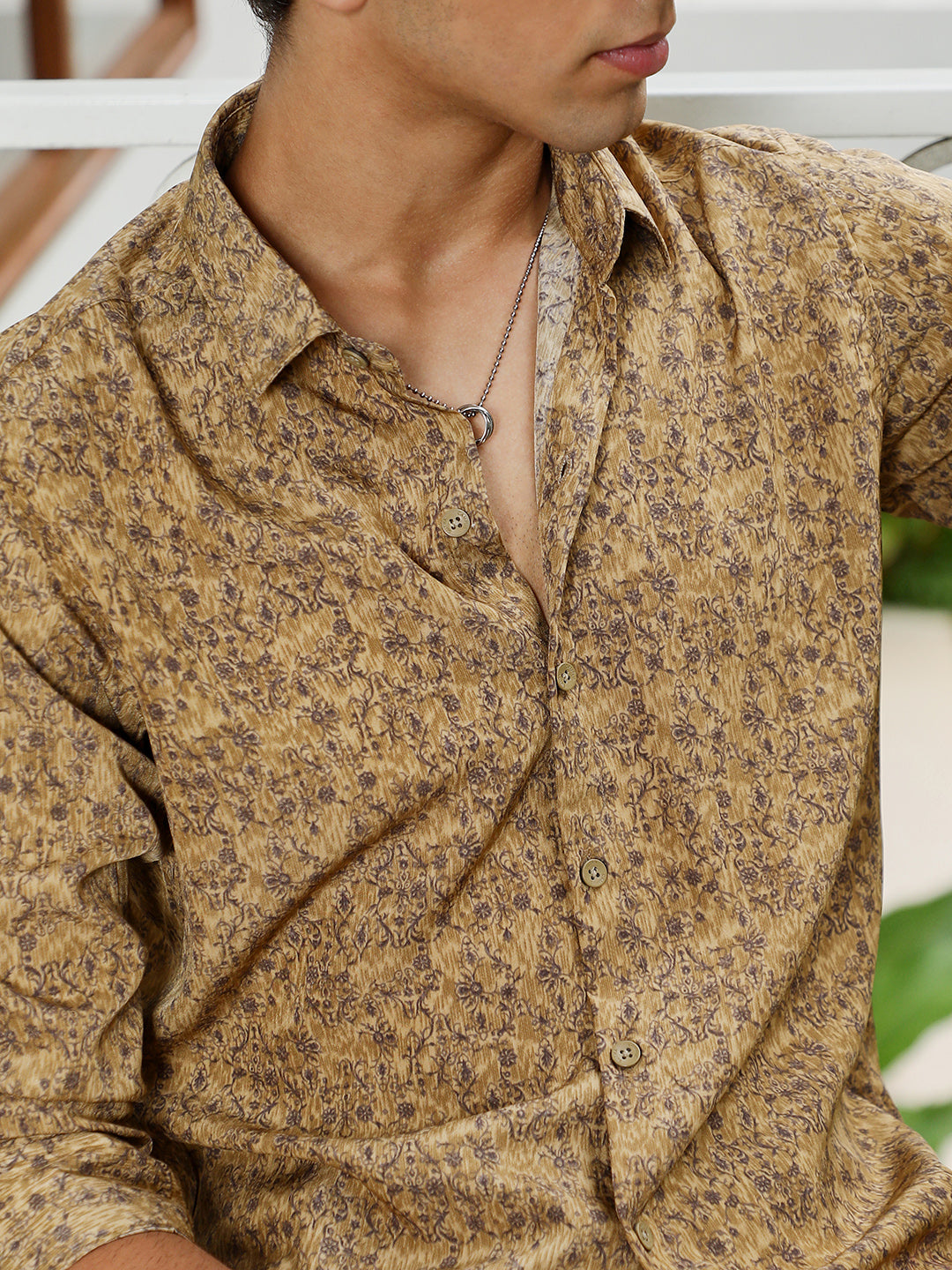 Men Ochre Brown Indie Floral-Motif Imprint Shirt