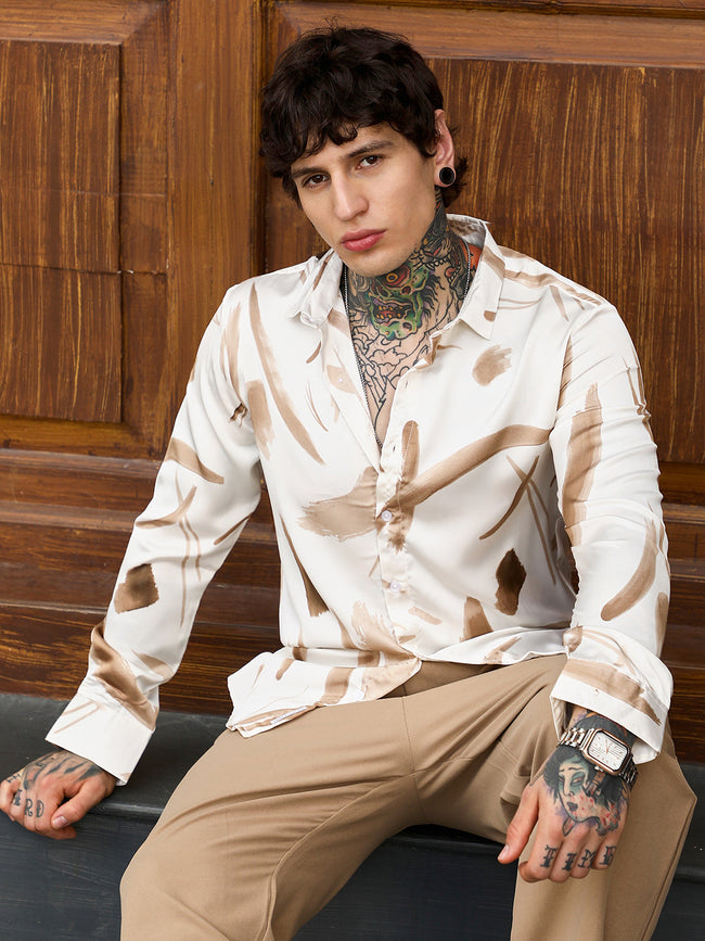 Men Chocolate Brown Contrast-Strokes Imprint Shirt