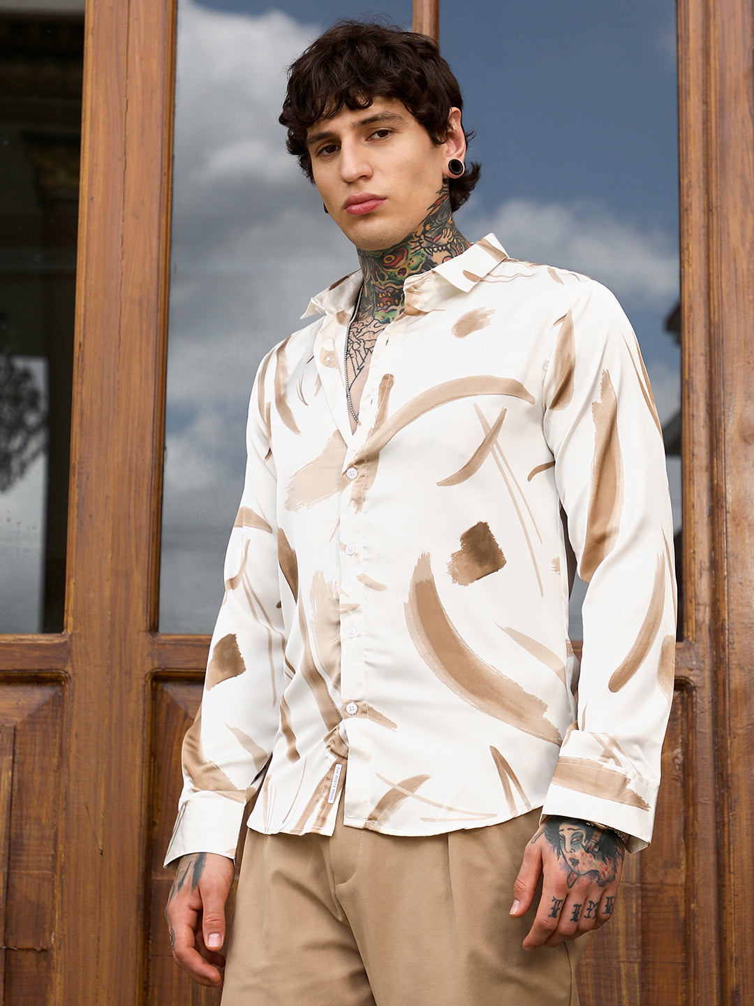 Men Chocolate Brown Contrast-Strokes Imprint Shirt