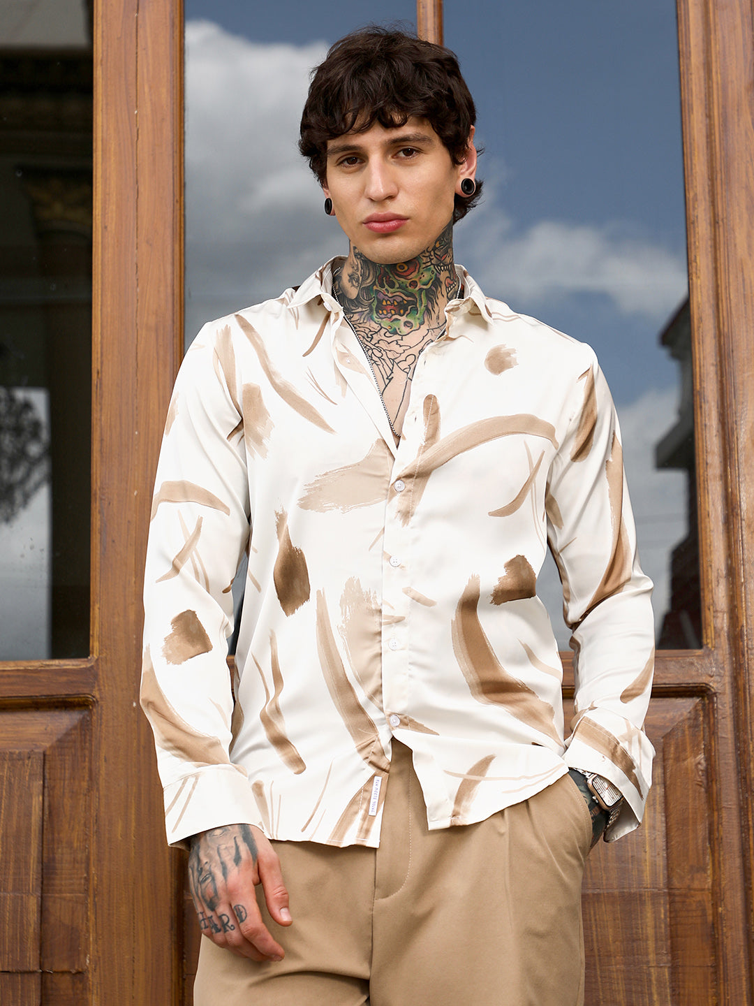 Men Chocolate Brown Contrast-Strokes Imprint Shirt