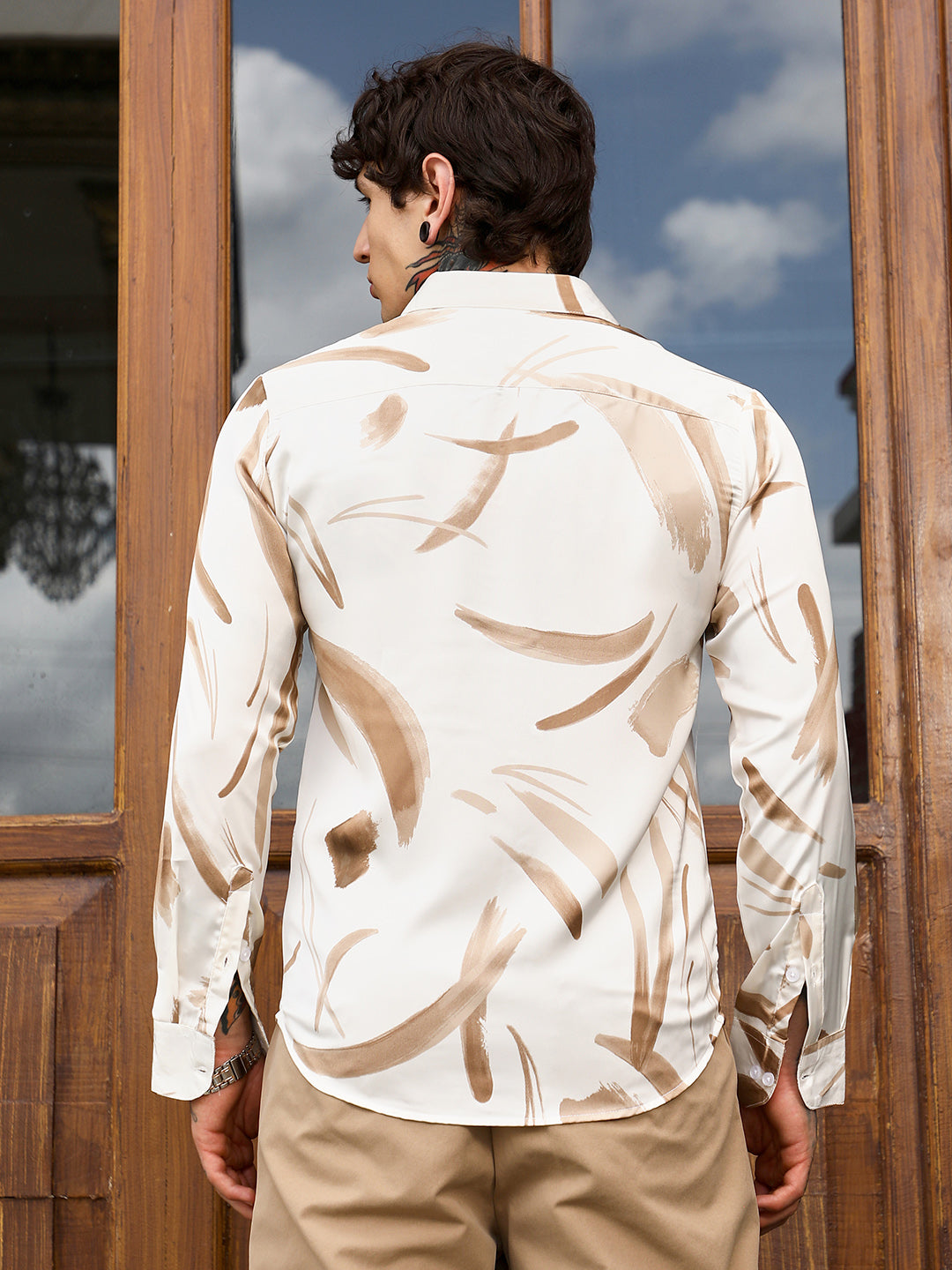 Men Chocolate Brown Contrast-Strokes Imprint Shirt