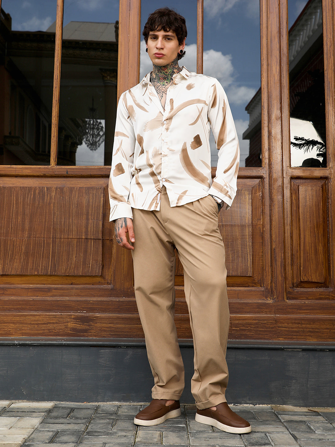 Men Chocolate Brown Contrast-Strokes Imprint Shirt