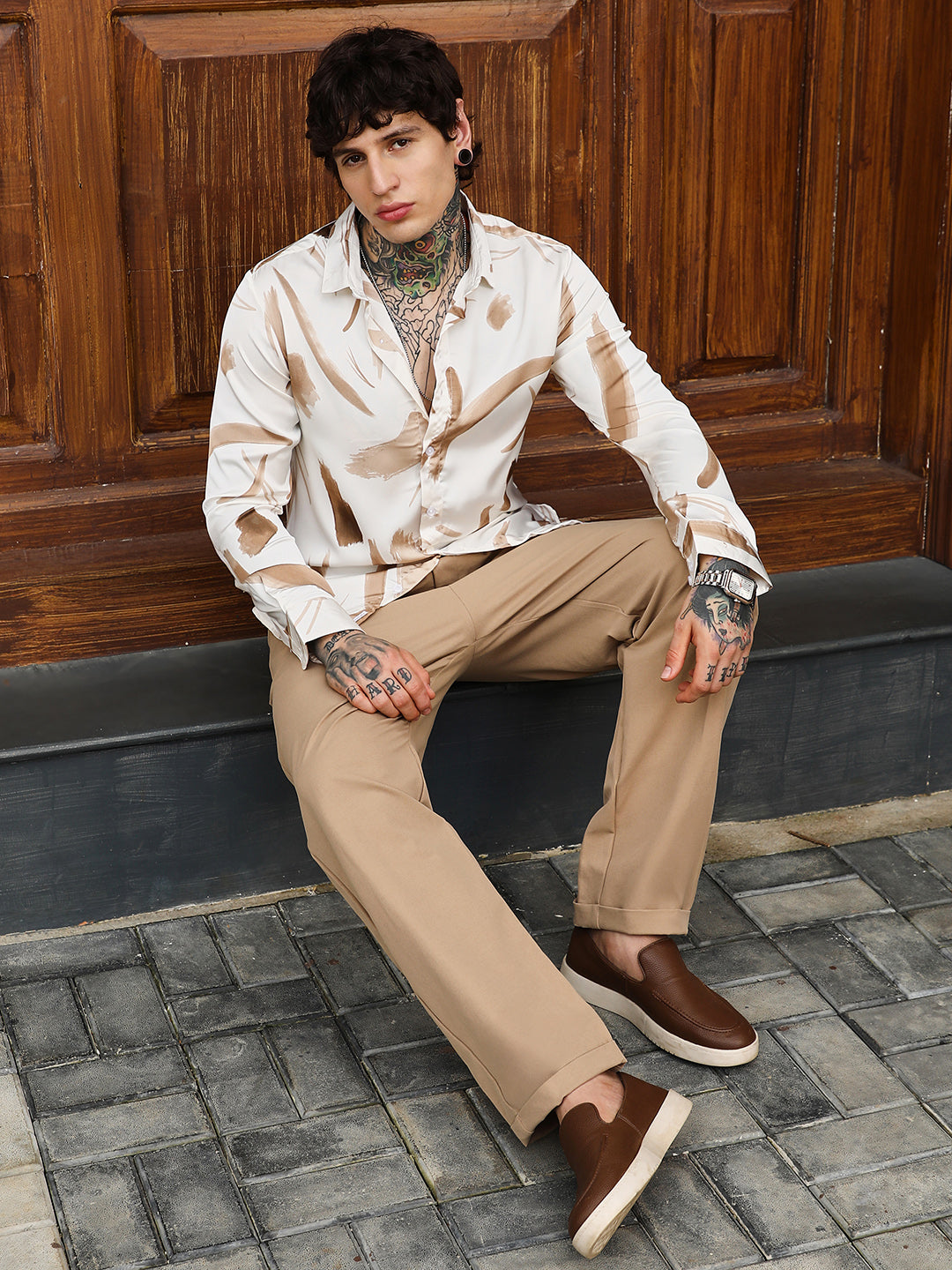 Men Chocolate Brown Contrast-Strokes Imprint Shirt