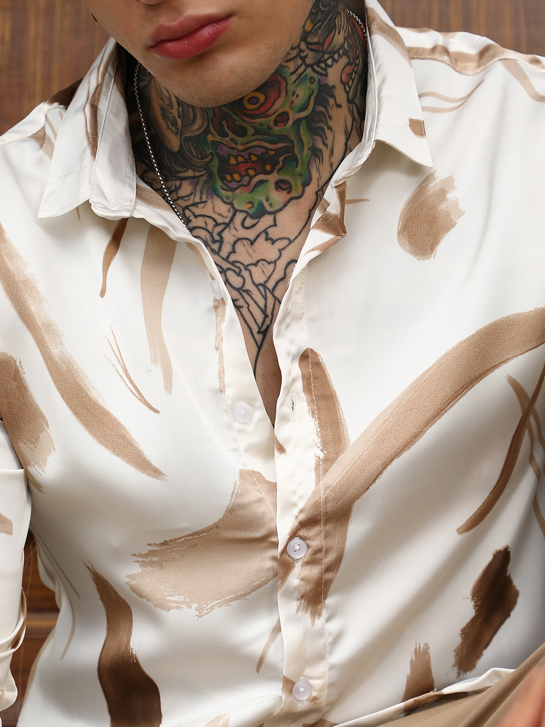 Men Chocolate Brown Contrast-Strokes Imprint Shirt
