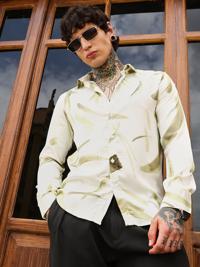 Men Olive Green Contrast-Strokes Imprint Shirt