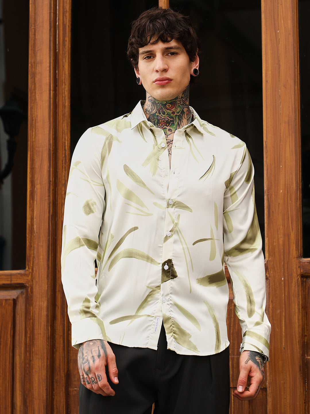 Men Olive Green Contrast-Strokes Imprint Shirt