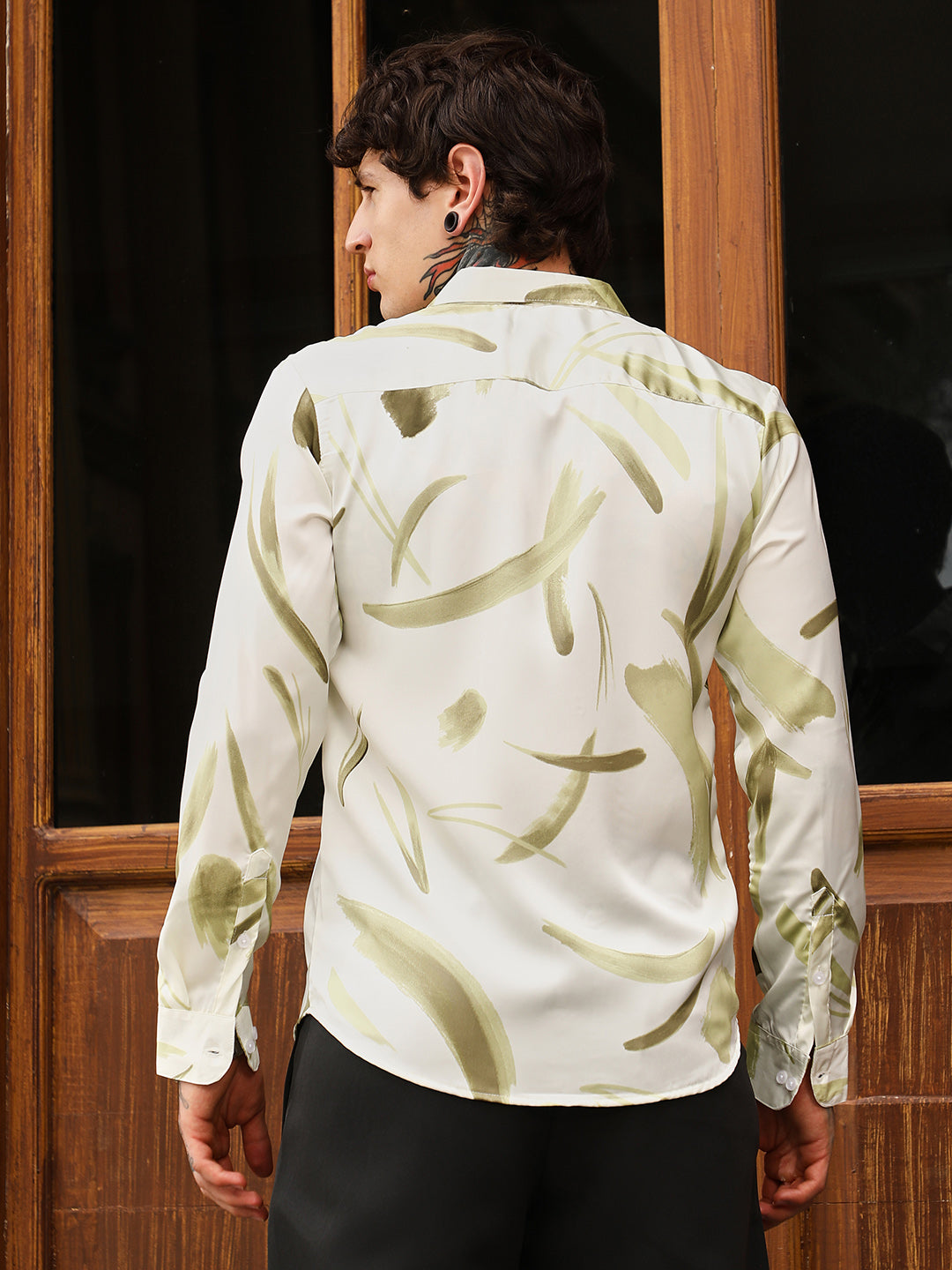 Men Olive Green Contrast-Strokes Imprint Shirt