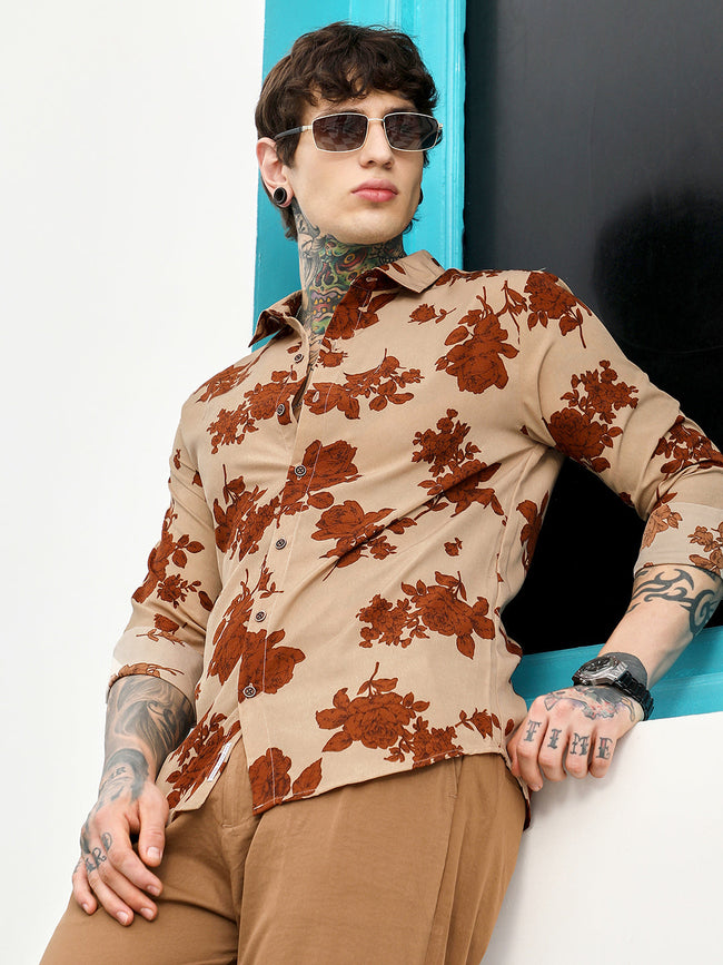 Men Man Made Fabric Regular Botanical Shirt
