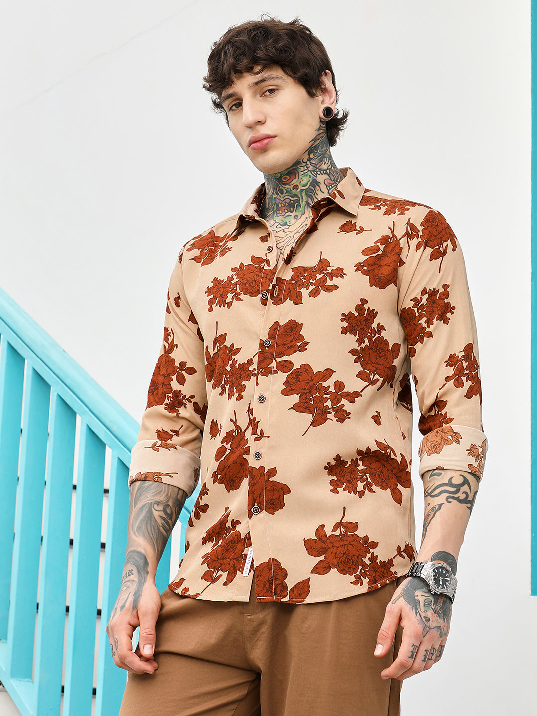 Men Man Made Fabric Regular Botanical Shirt