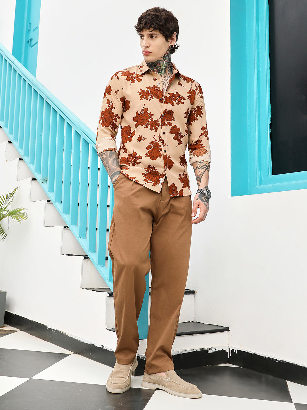 Men Man Made Fabric Regular Botanical Shirt