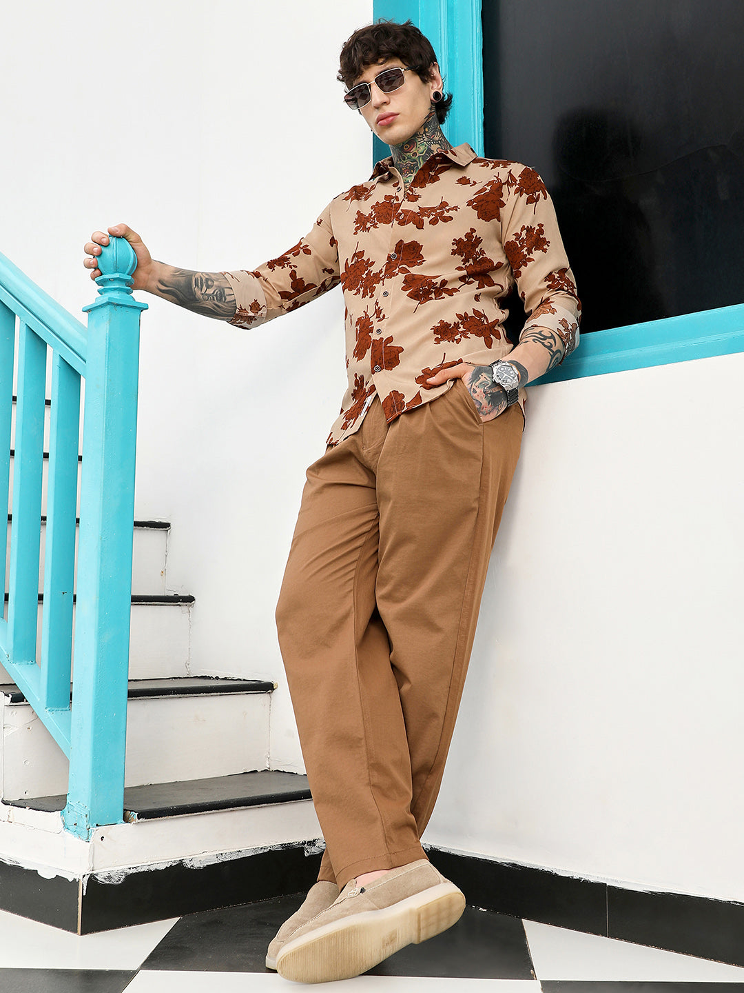 Men Man Made Fabric Regular Botanical Shirt